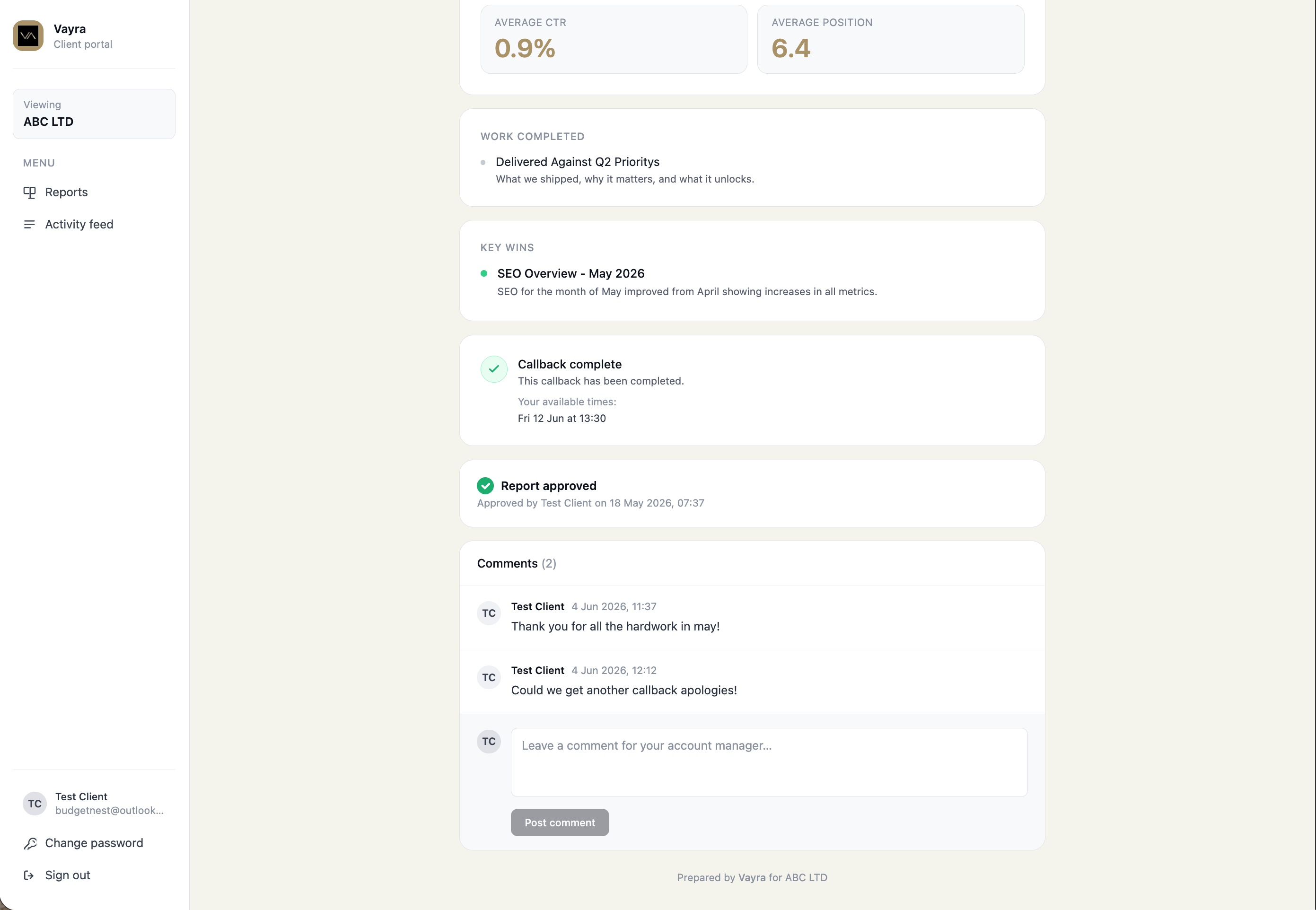 Vayra client portal — report comments and approval